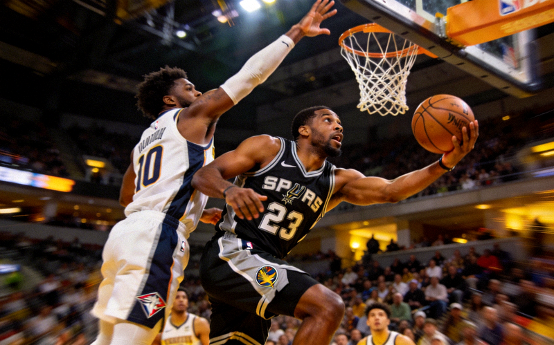 NBA赛场球员突破上篮的精彩瞬间，防守球员奋力封盖